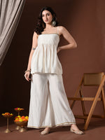 Thumbnail for Myshka Women White Longline Sleeveless Kurta with Trouser & Dupatta - Distacart