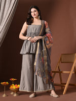 Thumbnail for Myshka Women Grey Longline Sleeveless Kurta with Trouser & Dupatta - Distacart
