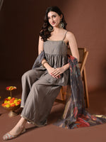 Thumbnail for Myshka Women Grey Longline Sleeveless Kurta with Trouser & Dupatta - Distacart