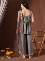Thumbnail for Myshka Women Grey Longline Sleeveless Kurta with Trouser & Dupatta - Distacart