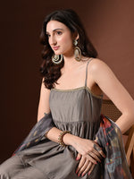 Thumbnail for Myshka Women Grey Longline Sleeveless Kurta with Trouser & Dupatta - Distacart