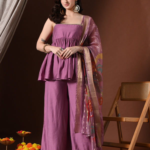 Myshka Women Lavender Longline Sleeveless Kurta with Trouser & Dupatta - Distacart