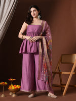 Thumbnail for Myshka Women Lavender Longline Sleeveless Kurta with Trouser & Dupatta - Distacart