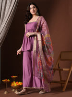 Thumbnail for Myshka Women Lavender Longline Sleeveless Kurta with Trouser & Dupatta - Distacart