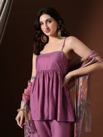 Thumbnail for Myshka Women Lavender Longline Sleeveless Kurta with Trouser & Dupatta - Distacart
