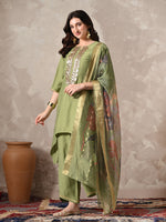 Thumbnail for Myshka Women Green Floral Yoke Design Sequinned A-Line Kurta Set with Dupatta - Distacart