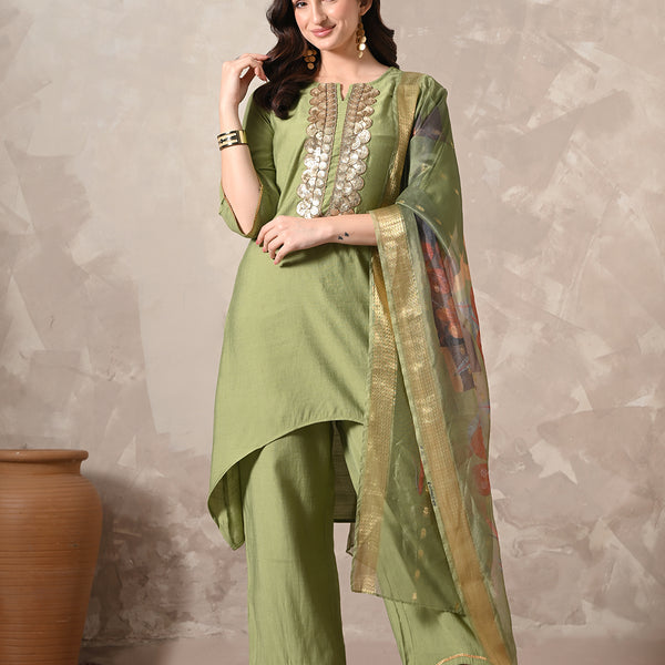 Myshka Women Green Floral Yoke Design Sequinned A-Line Kurta Set with Dupatta - Distacart
