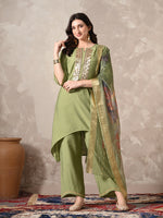 Thumbnail for Myshka Women Green Floral Yoke Design Sequinned A-Line Kurta Set with Dupatta - Distacart