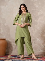 Thumbnail for Myshka Women Green Floral Yoke Design Sequinned A-Line Kurta Set with Dupatta - Distacart
