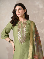 Thumbnail for Myshka Women Green Floral Yoke Design Sequinned A-Line Kurta Set with Dupatta - Distacart