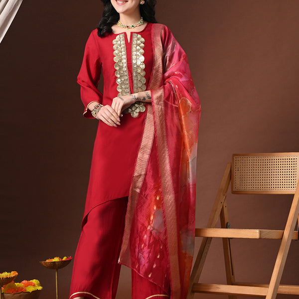 Myshka Women Red Floral Yoke Design Sequinned A-Line Kurta Set with Dupatta - Distacart