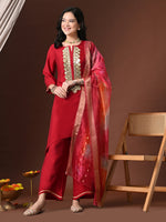 Thumbnail for Myshka Women Red Floral Yoke Design Sequinned A-Line Kurta Set with Dupatta - Distacart