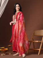 Thumbnail for Myshka Women Red Floral Yoke Design Sequinned A-Line Kurta Set with Dupatta - Distacart