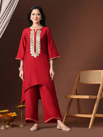 Thumbnail for Myshka Women Red Floral Yoke Design Sequinned A-Line Kurta Set with Dupatta - Distacart