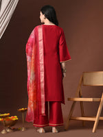 Thumbnail for Myshka Women Red Floral Yoke Design Sequinned A-Line Kurta Set with Dupatta - Distacart