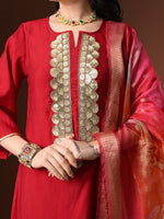 Thumbnail for Myshka Women Red Floral Yoke Design Sequinned A-Line Kurta Set with Dupatta - Distacart