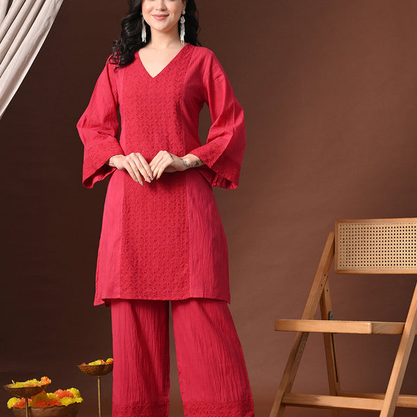 Myshka Women Red Pure Cotton Embroiderd Three-Forth Sleeve Kurta with Trouser - Distacart