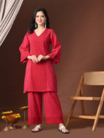 Thumbnail for Myshka Women Red Pure Cotton Embroiderd Three-Forth Sleeve Kurta with Trouser - Distacart