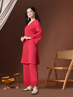 Thumbnail for Myshka Women Red Pure Cotton Embroiderd Three-Forth Sleeve Kurta with Trouser - Distacart