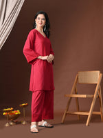 Thumbnail for Myshka Women Red Pure Cotton Embroiderd Three-Forth Sleeve Kurta with Trouser - Distacart