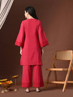 Thumbnail for Myshka Women Red Pure Cotton Embroiderd Three-Forth Sleeve Kurta with Trouser - Distacart