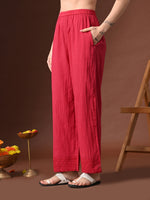 Thumbnail for Myshka Women Red Pure Cotton Embroiderd Three-Forth Sleeve Kurta with Trouser - Distacart