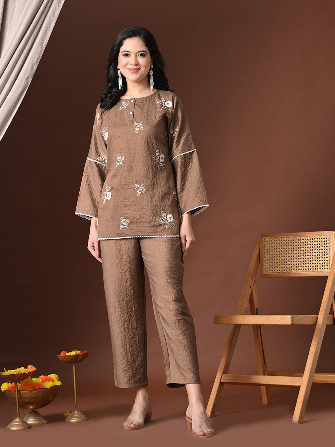Myshka Women Brown Cotton Embroidered Three Fourth Sleeve Kurta with Trouser - Distacart