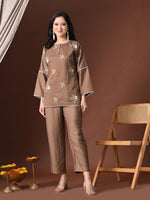 Thumbnail for Myshka Women Brown Cotton Embroidered Three Fourth Sleeve Kurta with Trouser - Distacart