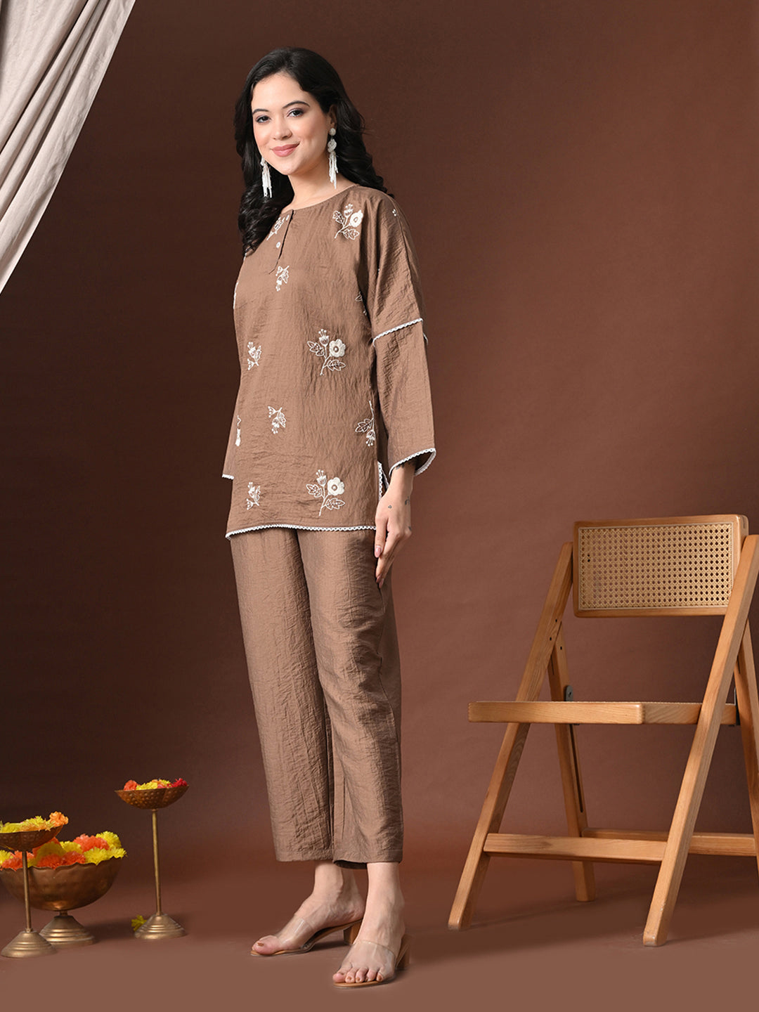Myshka Women Brown Cotton Embroidered Three Fourth Sleeve Kurta with Trouser - Distacart
