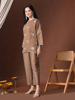 Thumbnail for Myshka Women Brown Cotton Embroidered Three Fourth Sleeve Kurta with Trouser - Distacart