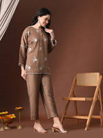 Thumbnail for Myshka Women Brown Cotton Embroidered Three Fourth Sleeve Kurta with Trouser - Distacart