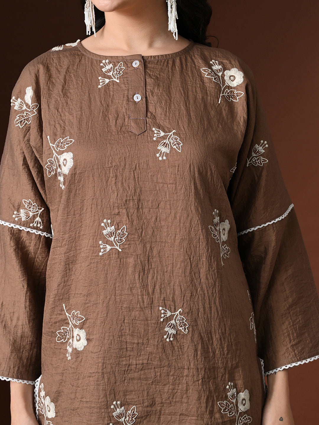 Myshka Women Brown Cotton Embroidered Three Fourth Sleeve Kurta with Trouser - Distacart