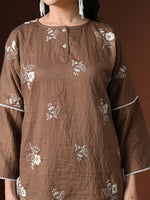 Thumbnail for Myshka Women Brown Cotton Embroidered Three Fourth Sleeve Kurta with Trouser - Distacart