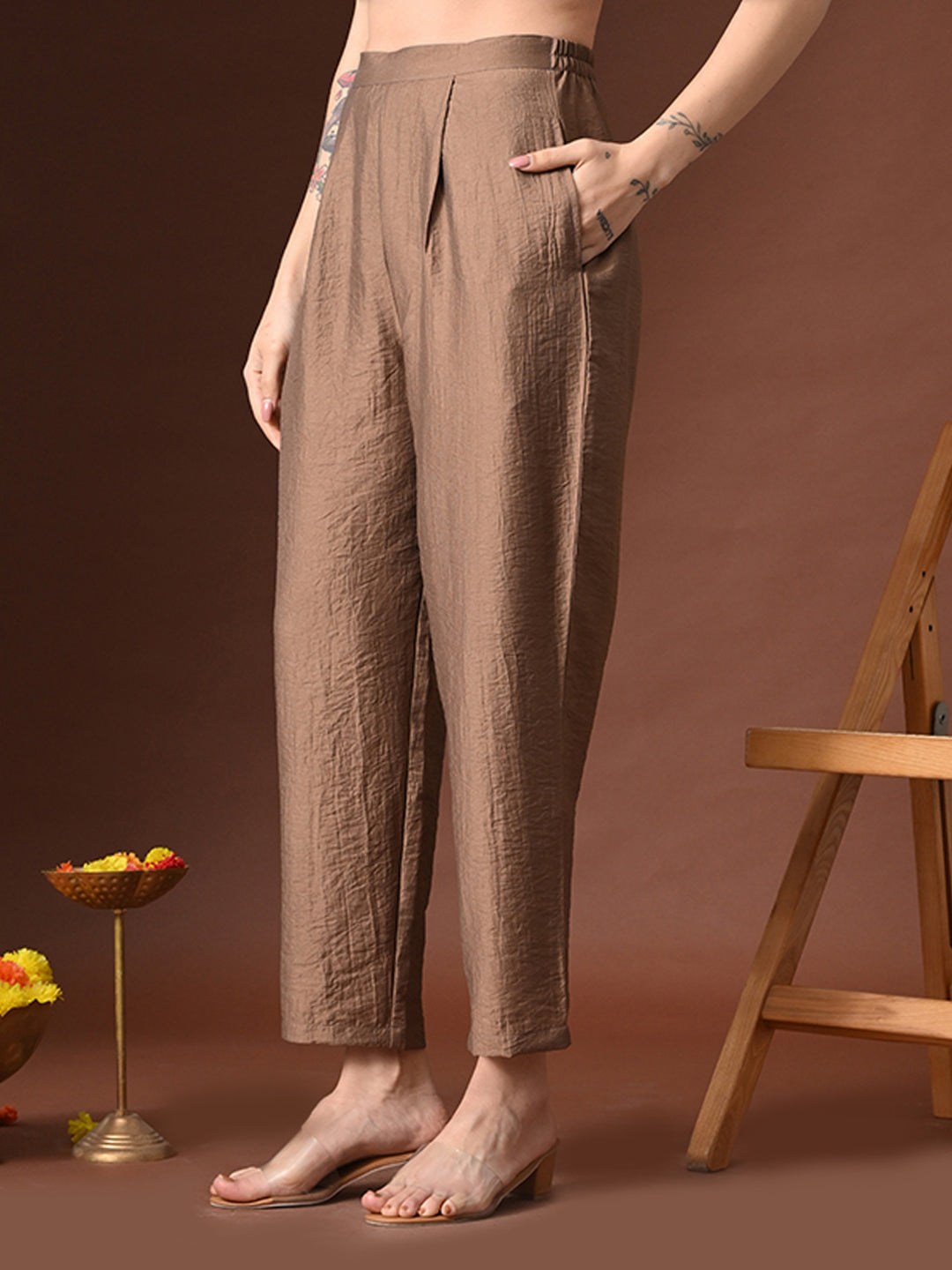 Myshka Women Brown Cotton Embroidered Three Fourth Sleeve Kurta with Trouser - Distacart