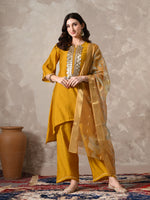 Thumbnail for Myshka Women Mustard Floral Yoke Design Sequinned A-Line Kurta Set with Dupatta - Distacart