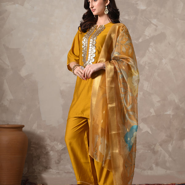 Myshka Women Mustard Floral Yoke Design Sequinned A-Line Kurta Set with Dupatta - Distacart