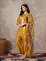 Thumbnail for Myshka Women Mustard Floral Yoke Design Sequinned A-Line Kurta Set with Dupatta - Distacart