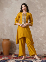 Thumbnail for Myshka Women Mustard Floral Yoke Design Sequinned A-Line Kurta Set with Dupatta - Distacart