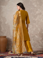 Thumbnail for Myshka Women Mustard Floral Yoke Design Sequinned A-Line Kurta Set with Dupatta - Distacart