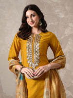 Thumbnail for Myshka Women Mustard Floral Yoke Design Sequinned A-Line Kurta Set with Dupatta - Distacart