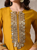 Thumbnail for Myshka Women Mustard Floral Yoke Design Sequinned A-Line Kurta Set with Dupatta - Distacart