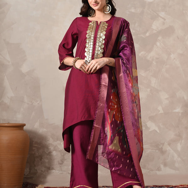 Myshka Women Magenta Floral Yoke Design Sequinned A-Line Kurta Set with Dupatta - Distacart