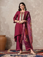 Thumbnail for Myshka Women Magenta Floral Yoke Design Sequinned A-Line Kurta Set with Dupatta - Distacart