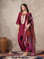 Thumbnail for Myshka Women Magenta Floral Yoke Design Sequinned A-Line Kurta Set with Dupatta - Distacart