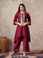 Thumbnail for Myshka Women Magenta Floral Yoke Design Sequinned A-Line Kurta Set with Dupatta - Distacart