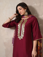 Thumbnail for Myshka Women Magenta Floral Yoke Design Sequinned A-Line Kurta Set with Dupatta - Distacart