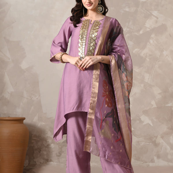Myshka Women Lavender Floral Yoke Design Sequinned A-Line Kurta Set with Dupatta - Distacart