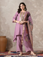 Thumbnail for Myshka Women Lavender Floral Yoke Design Sequinned A-Line Kurta Set with Dupatta - Distacart