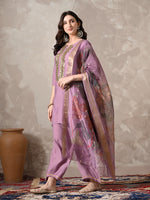 Thumbnail for Myshka Women Lavender Floral Yoke Design Sequinned A-Line Kurta Set with Dupatta - Distacart
