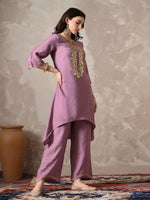 Thumbnail for Myshka Women Lavender Floral Yoke Design Sequinned A-Line Kurta Set with Dupatta - Distacart